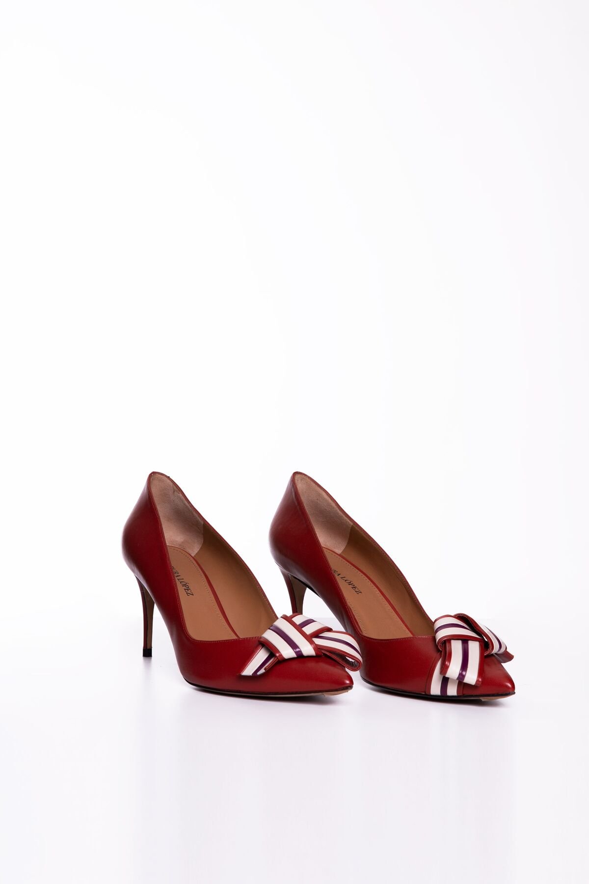 Bow Detailed Red Leather Heeled Shoes