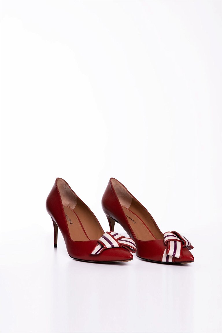GIZIAGATE - حذاء جلد أحمر بتصميم الكعب المرتفع مزين بفيونكة