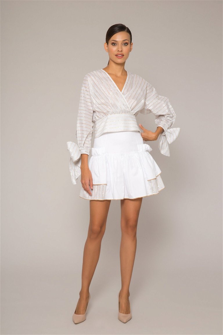 GIZIA - Glittery Striped Wrapped Bow Detailed Organza Blouse