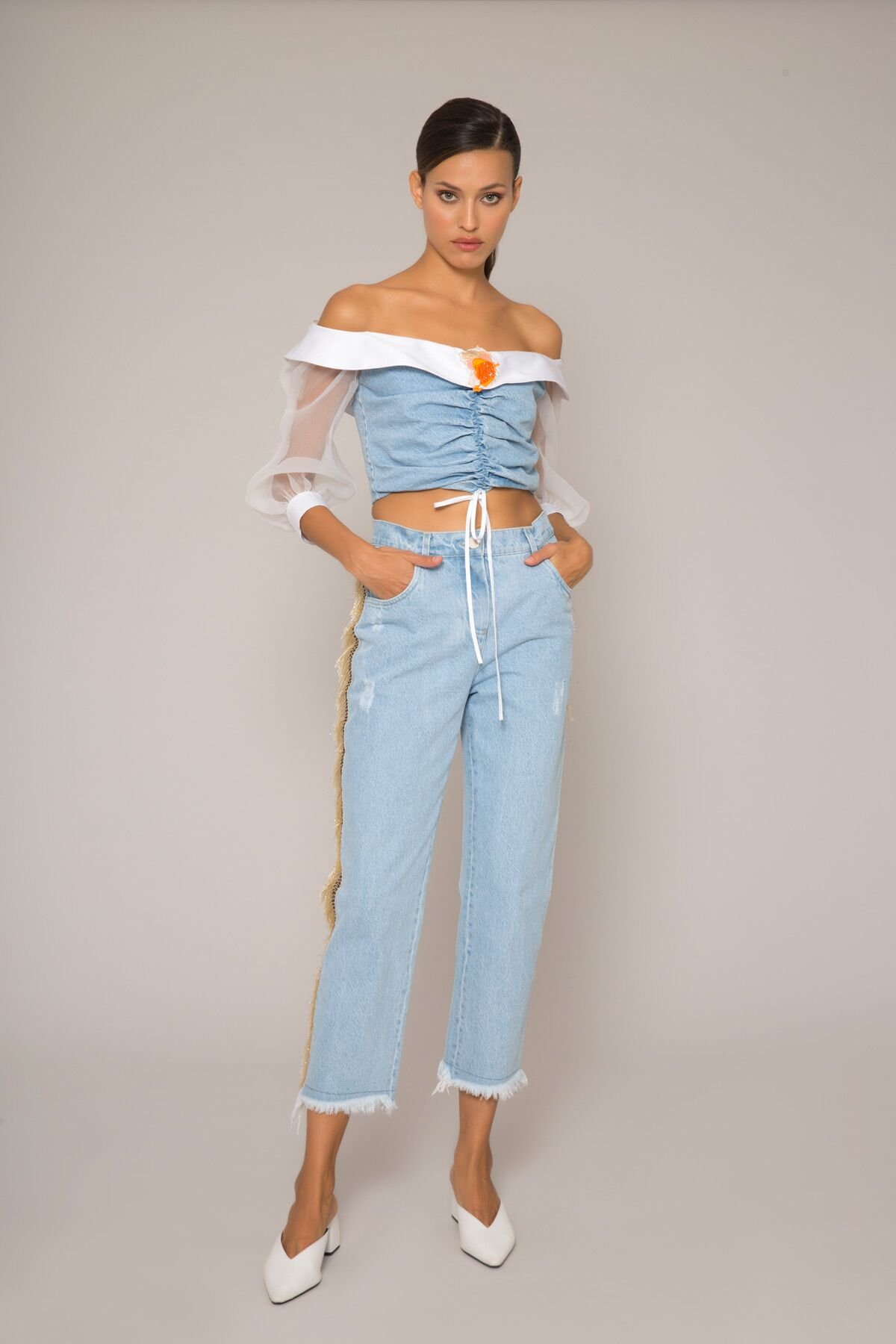 Organza Sleeves, Pleated, Embroidery Detailed Blue Crop Top