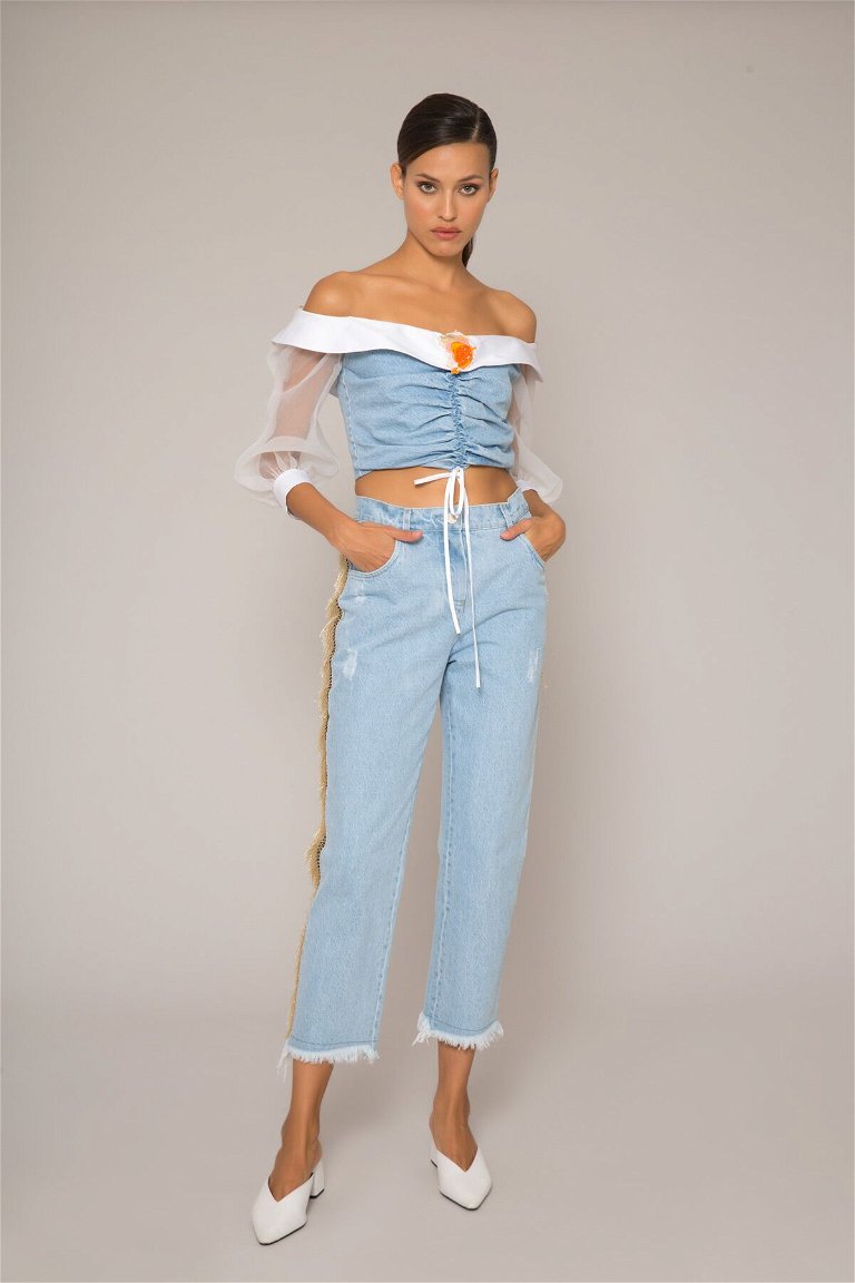  GIZIA - Organza Sleeves, Pleated, Embroidery Detailed Blue Crop Top