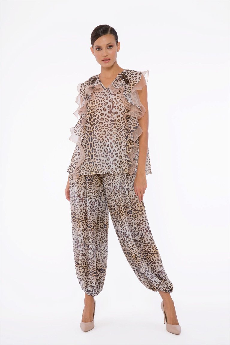 GIZIA - Leopard Patterned Pleated Beige Shalwar Trousers