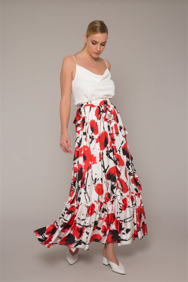  GIZIA - Ruffle Patterned Pleated Long Red Skirt