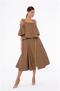 GIZIA - Striped Tassel And Embroidered Detail Brown Long Skirt