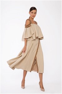 GIZIA - Striped Tassel And Embroidered Detail Beige Long Skirt