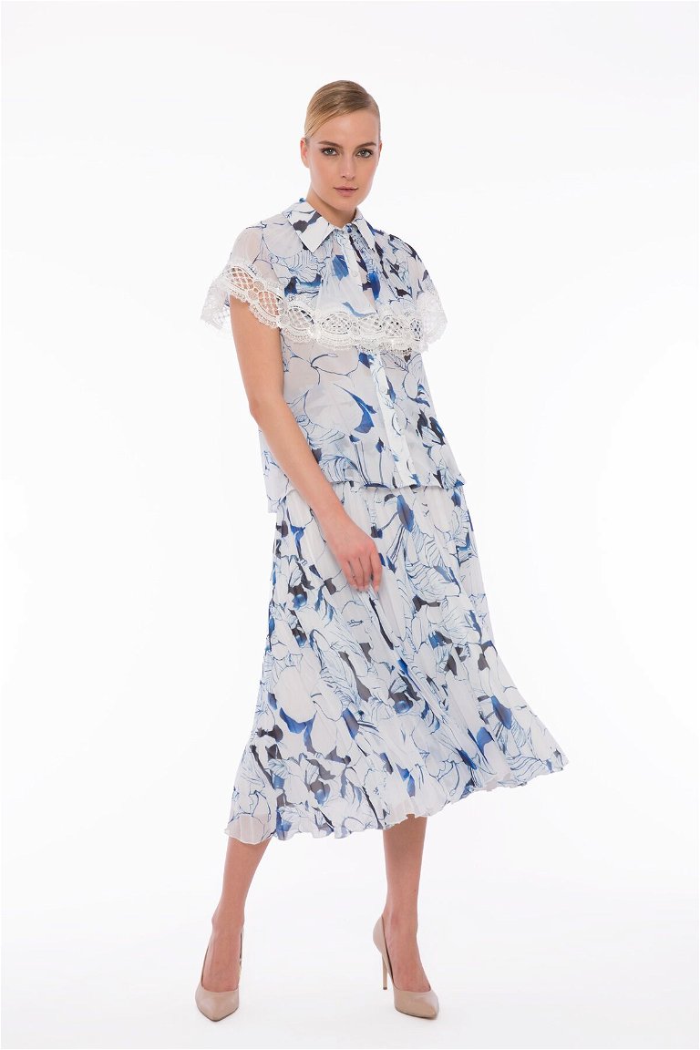 GIZIA - Floral Pattern Pleated Chiffon Blue Skirt