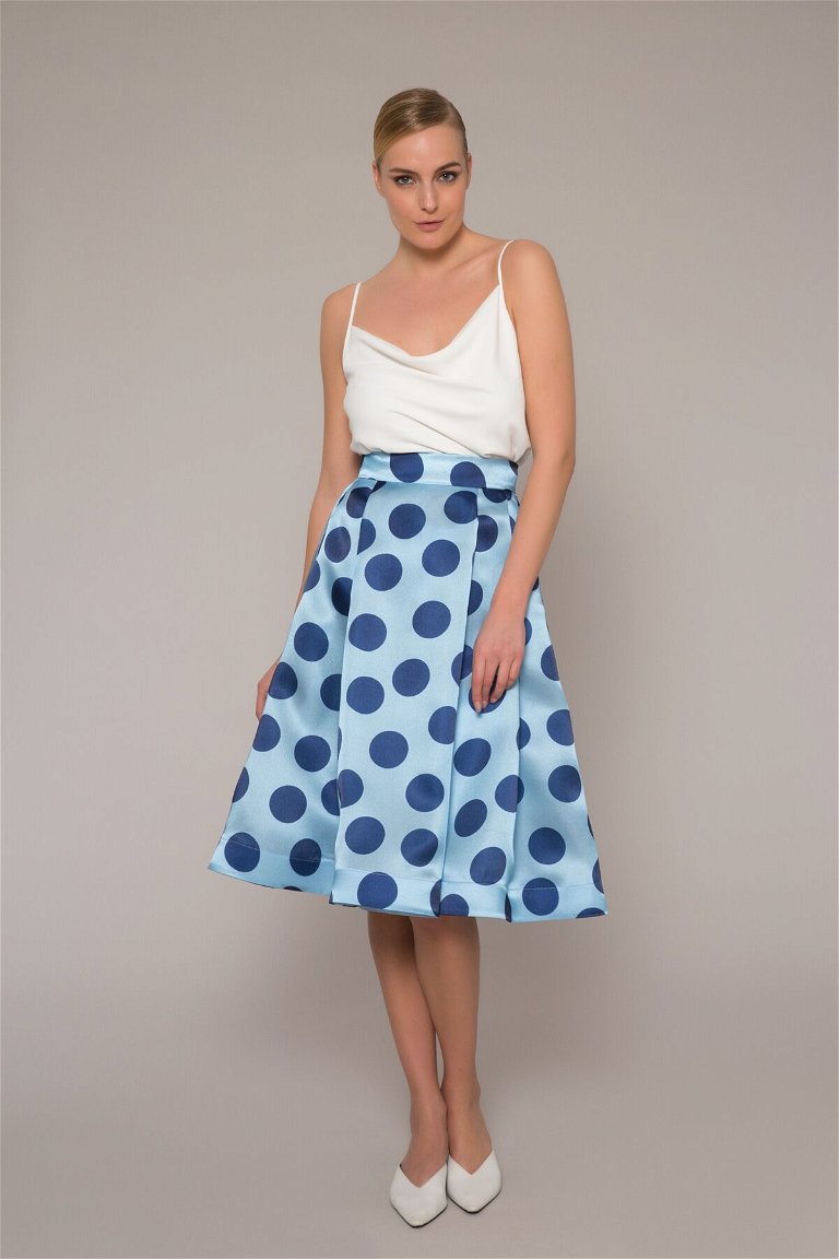 GIZIA - Polka Dot Patterned Midi Length Blue Skirt