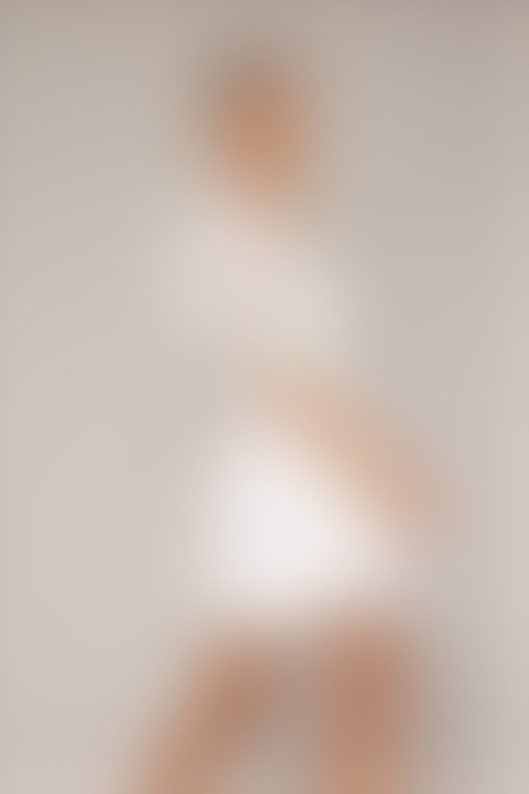 Pileli Kol Detaylı V Yaka Triko Şeritli Beyaz Mini Poplin Elbise
