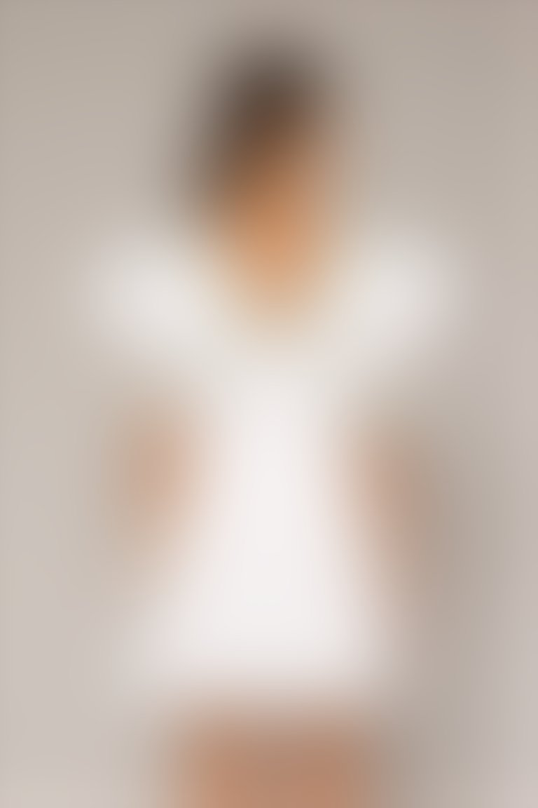 Pileli Kol Detaylı V Yaka Triko Şeritli Beyaz Mini Poplin Elbise