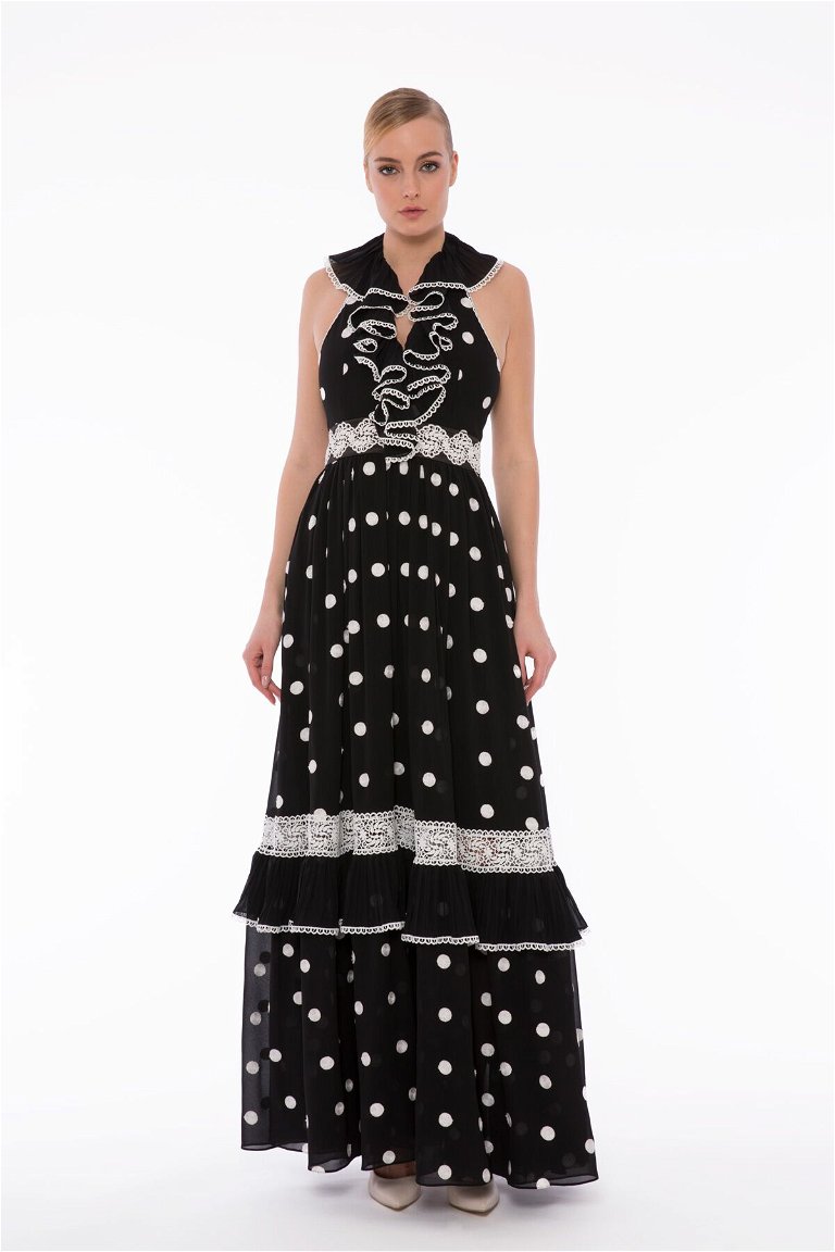  GIZIA - Ruffled Long Polka Dot Black Dress with Stripe Lace