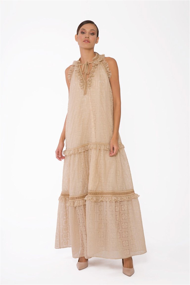  GIZIA - Beige Tulle Dress With Ribbon And Ruffle Detail Tie Collar