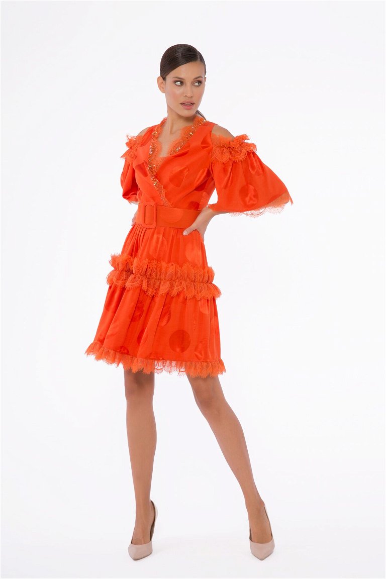 GIZIA - Embroidered And Lace Detail, Belted Off-Shoulder Orange Dress