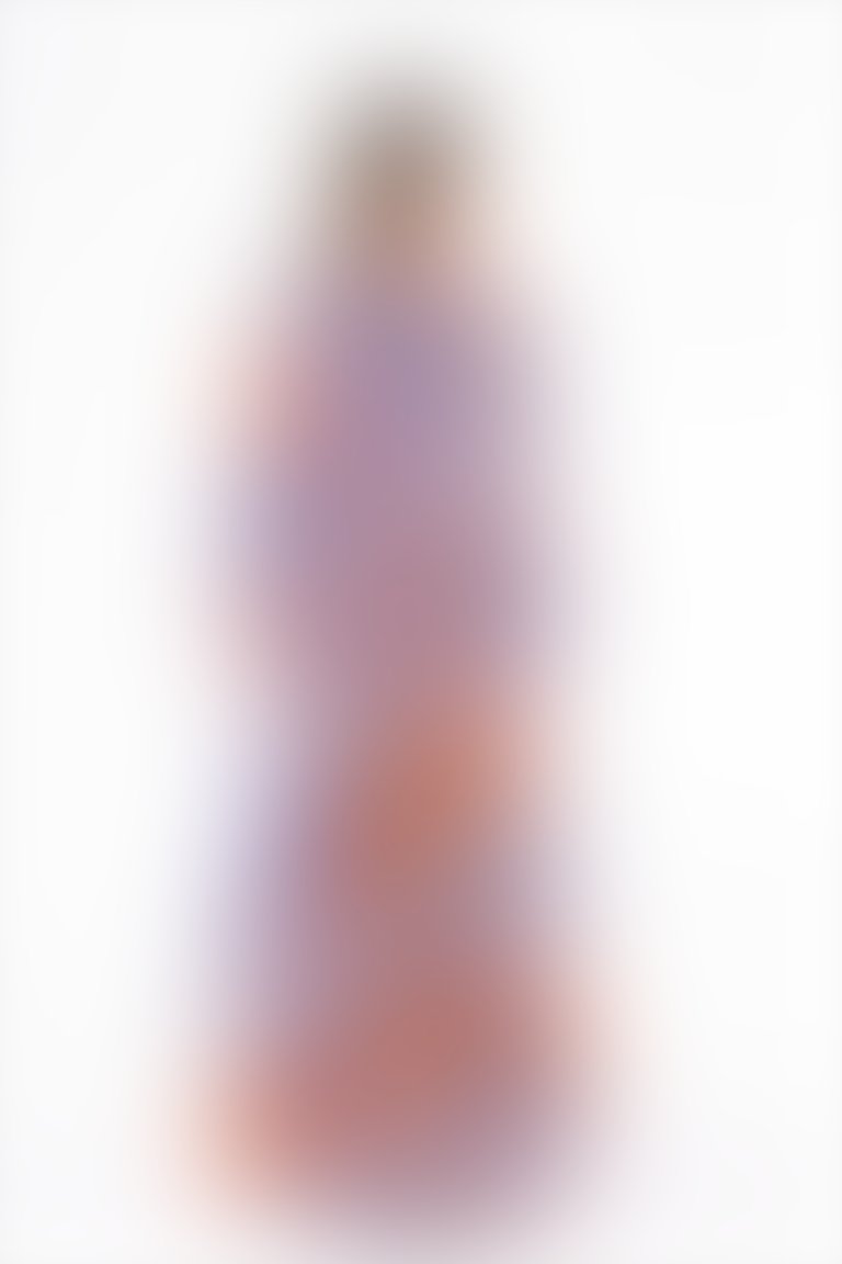 Dantel Şerit Detaylı Uzun Desenli Şifon Mor Elbise