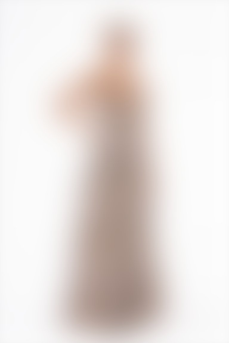 İşleme Detaylı Volanlı Askılı Leopar Desenli Büzgülü Uzun Bej Abiye Elbise