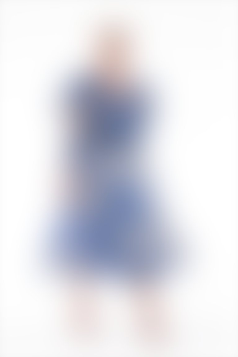 Volan Detaylı İşlemeli Lacivert V Yaka Midi Elbise