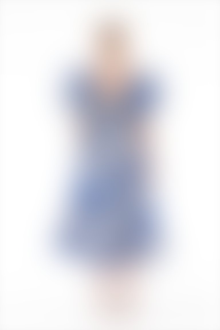 Volan Detaylı İşlemeli Lacivert V Yaka Midi Elbise