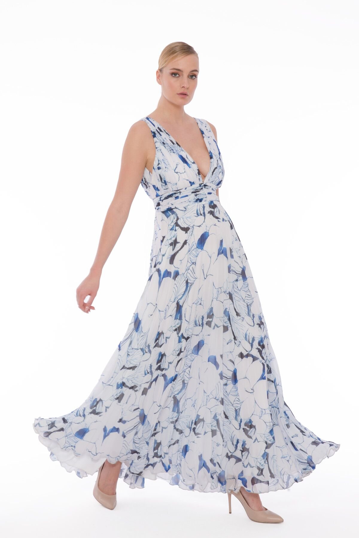 V Yaka Pilise Çiçek Desenli Şifon Mavi Düğün Elbisesi