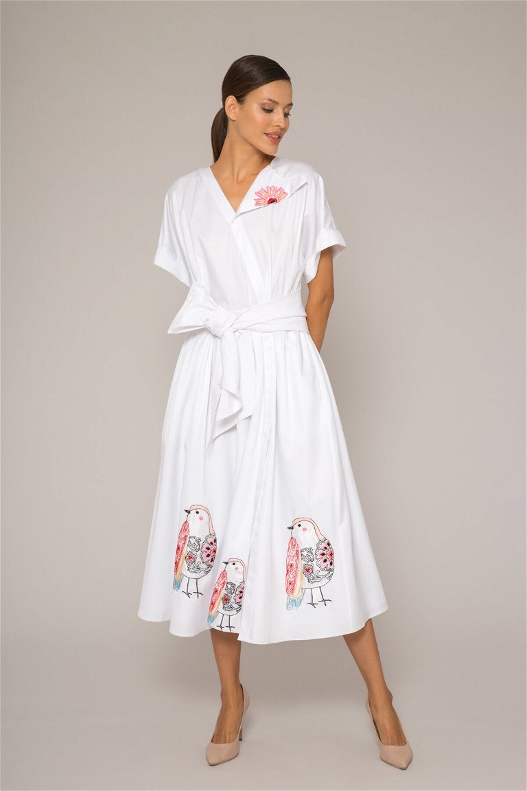  GIZIA - Applique Embroidered, Sash Detailed White Poplin Dress