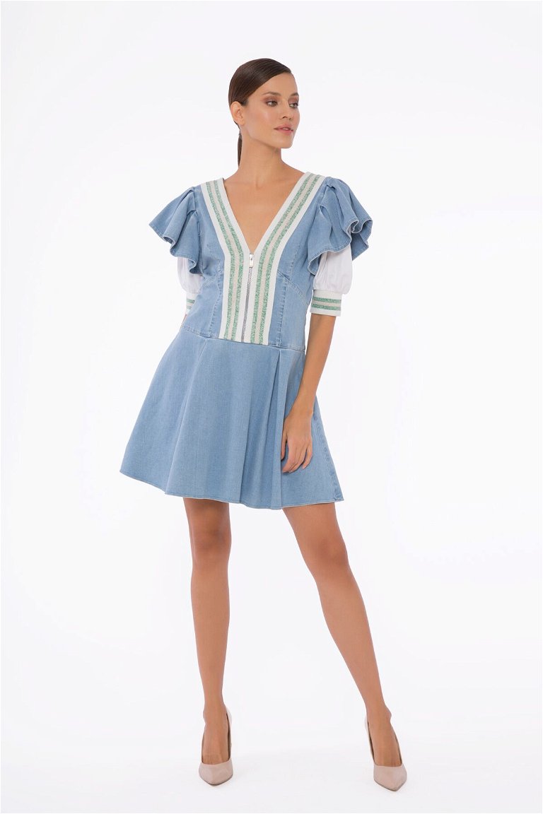  GIZIA - Line And Shoulder Detailed V-Neck Mini Blue Dress
