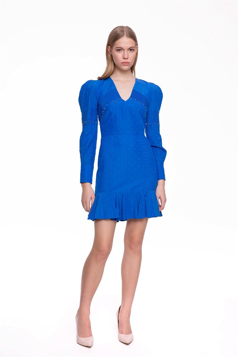 GIZIA - Uzun Kollu Saks Mavisi Mini Elbise