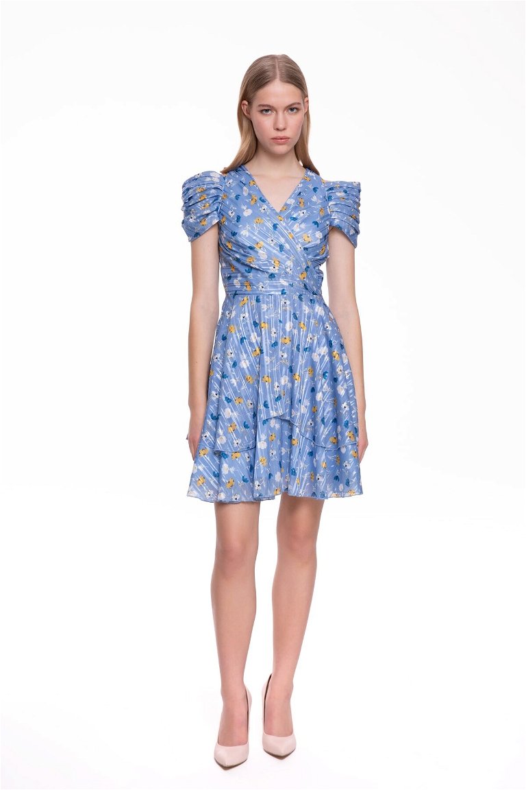 GIZIA - Floral Printed Shoulder Detailed Blue Mini Dress