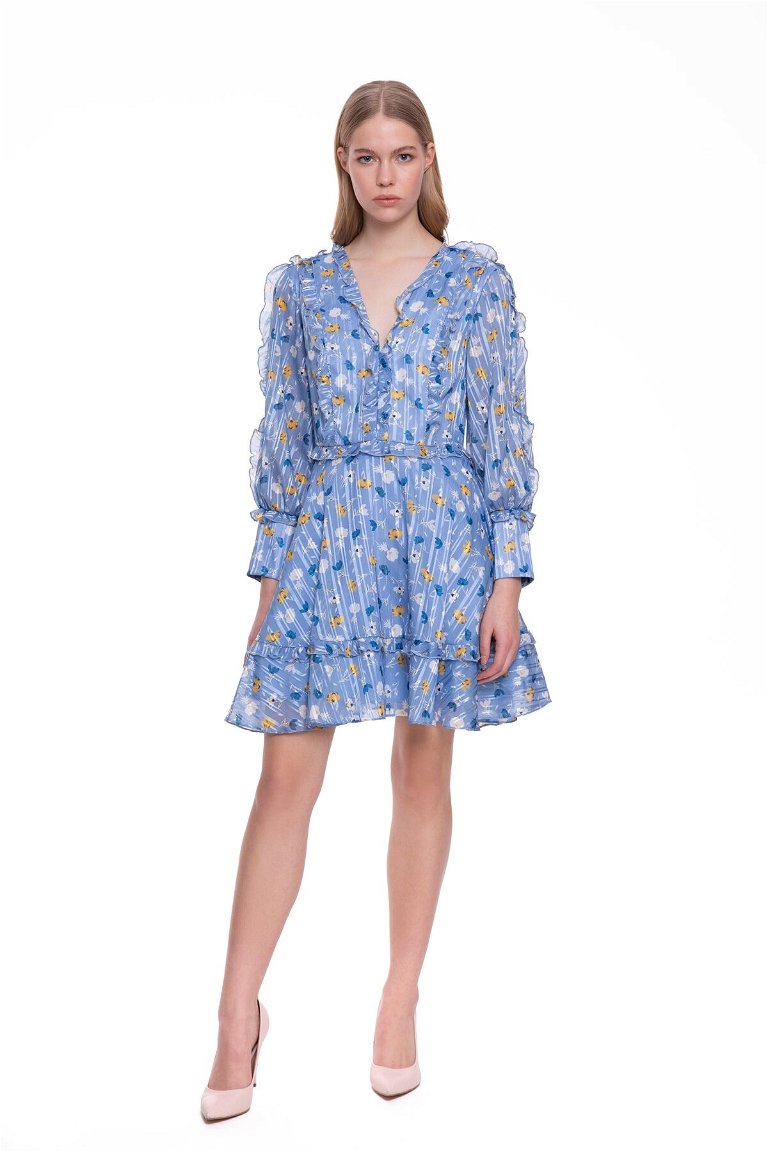 GIZIA - Sırtı Açık, Uzun Kollu Çiçek Baskılı Mavi Mini Elbise