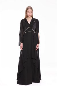 GIZIA - Stone Embroidered Chiffon Sleeves Black Long Dress 