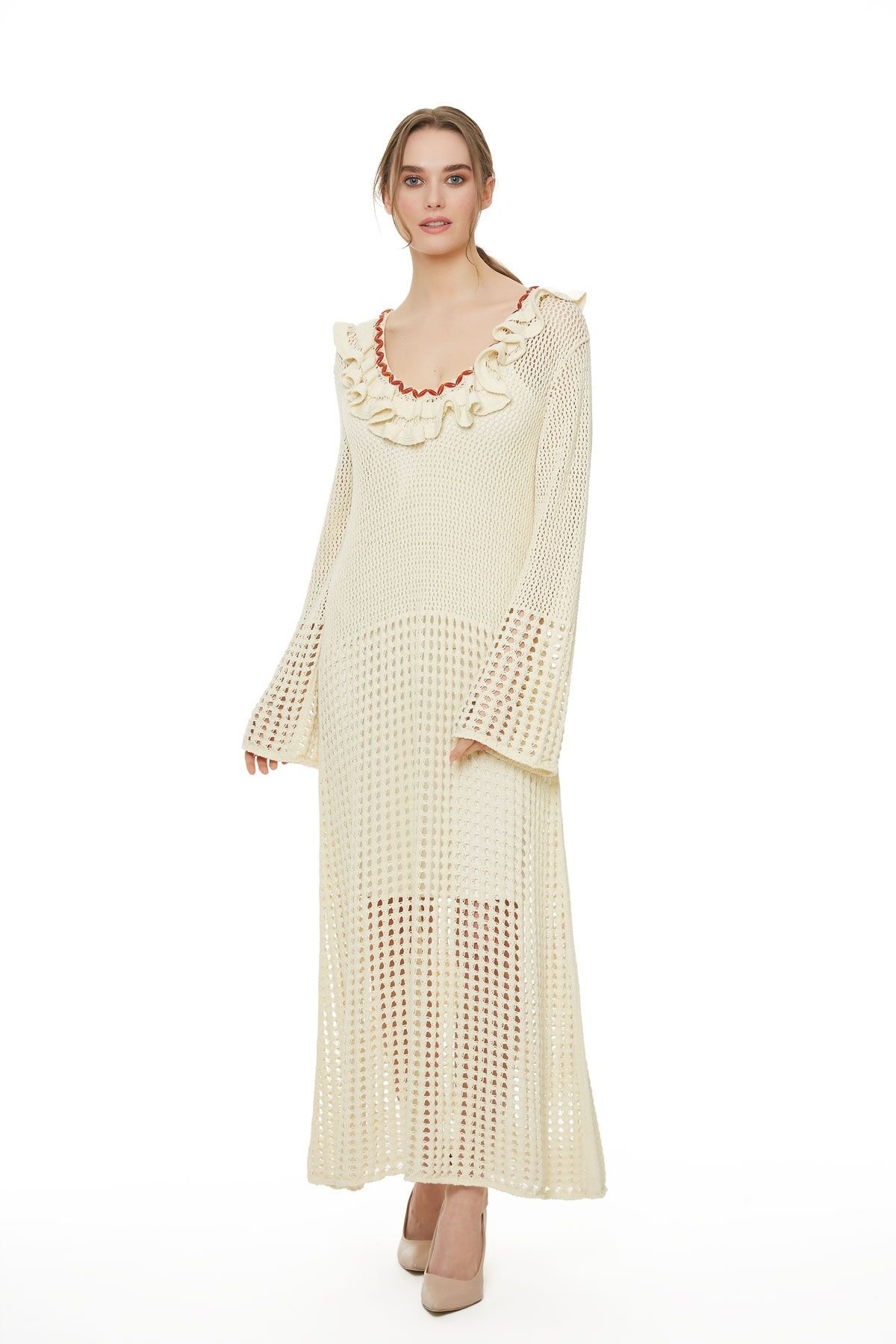 Beige Knitwear Midi Length Dress