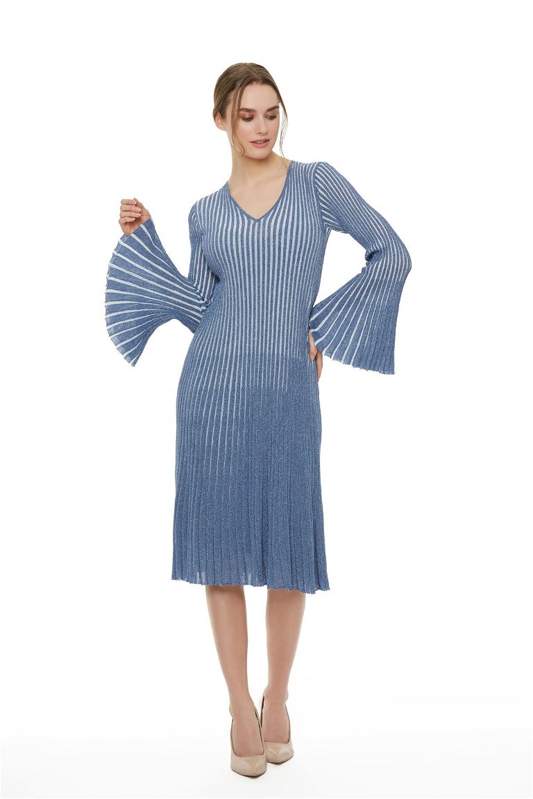 GIZIA - Metallic Striped Knitwear Blue Bell Dress