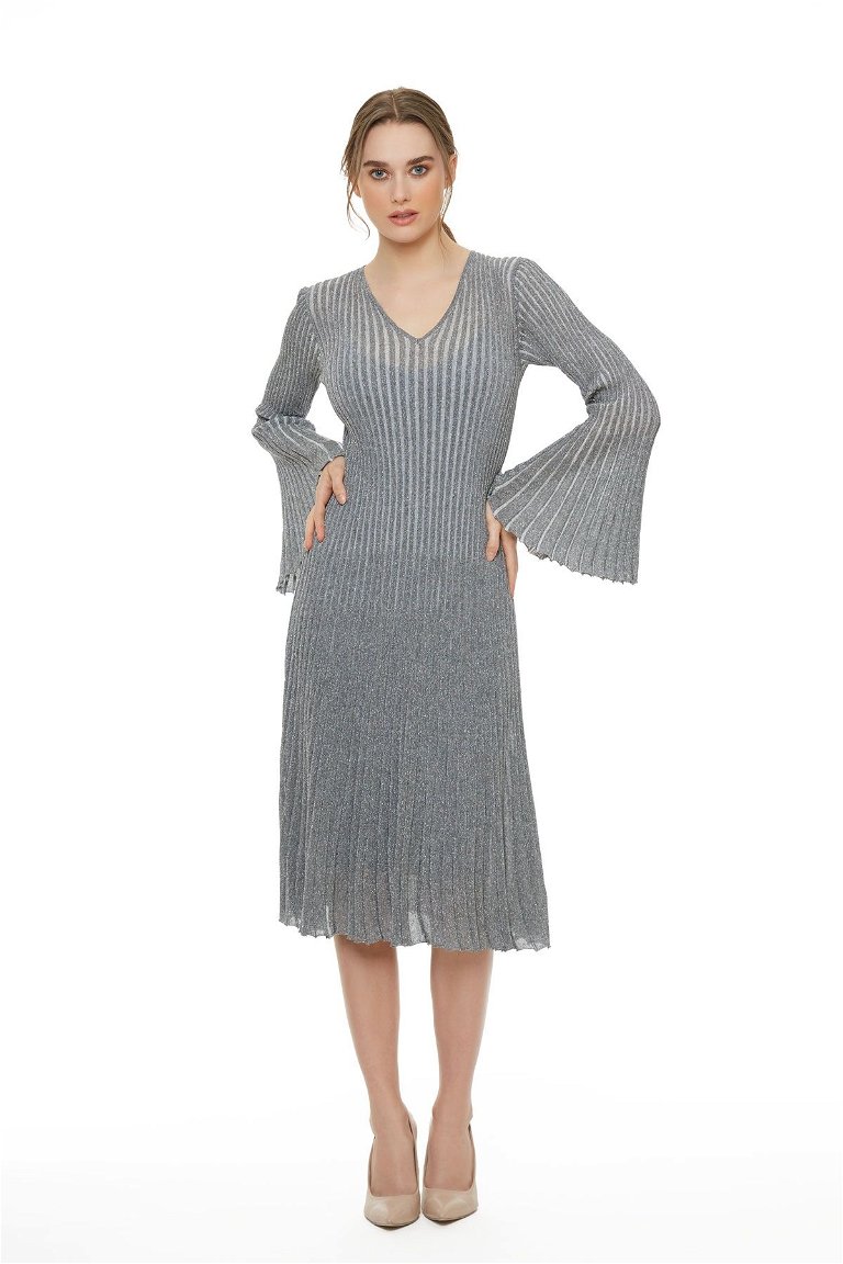 GIZIA - Metallic Striped Knitwear Gray Bell Dress