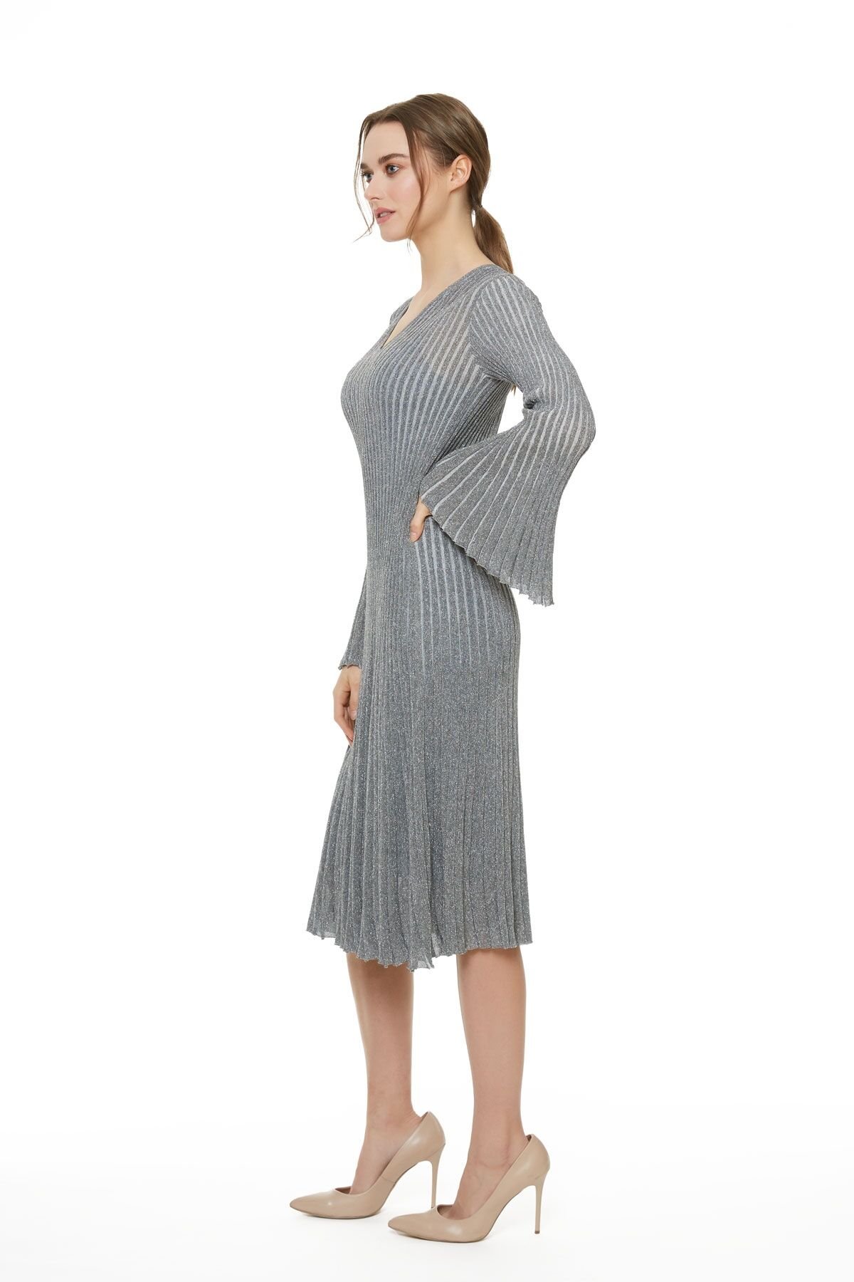 Metallic Striped Knitwear Gray Bell Dress