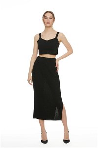 GIZIA - Metallic Black Knit Knitwear Ankle Length Plain Skirt
