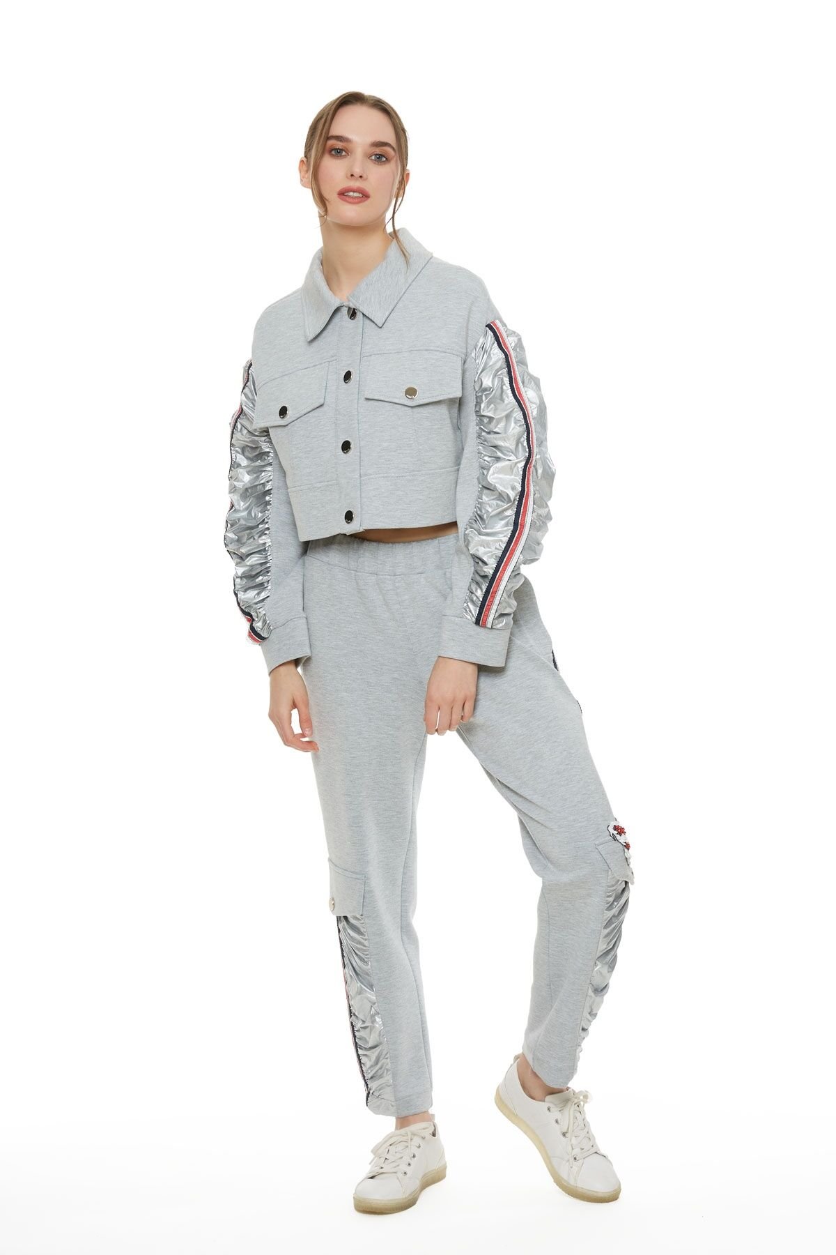 Stripe And Metallic Detailed Gray Sports Jacket