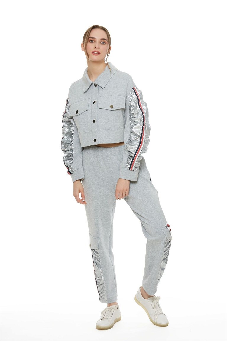 GIZIA SPORT - Stripe And Metallic Detailed Gray Sports Jacket