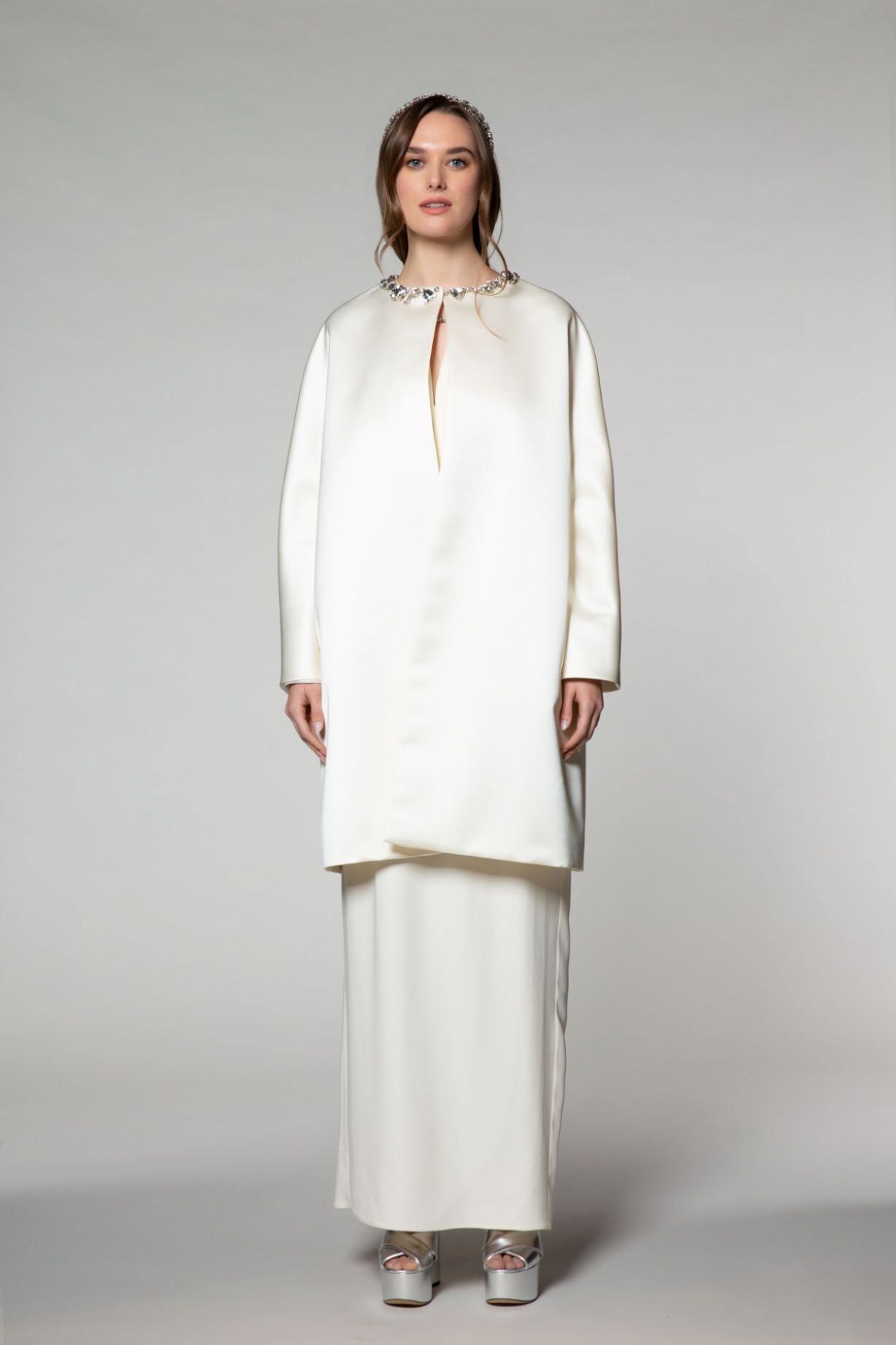 Long White Jacket With Stone Embroidered Collar
