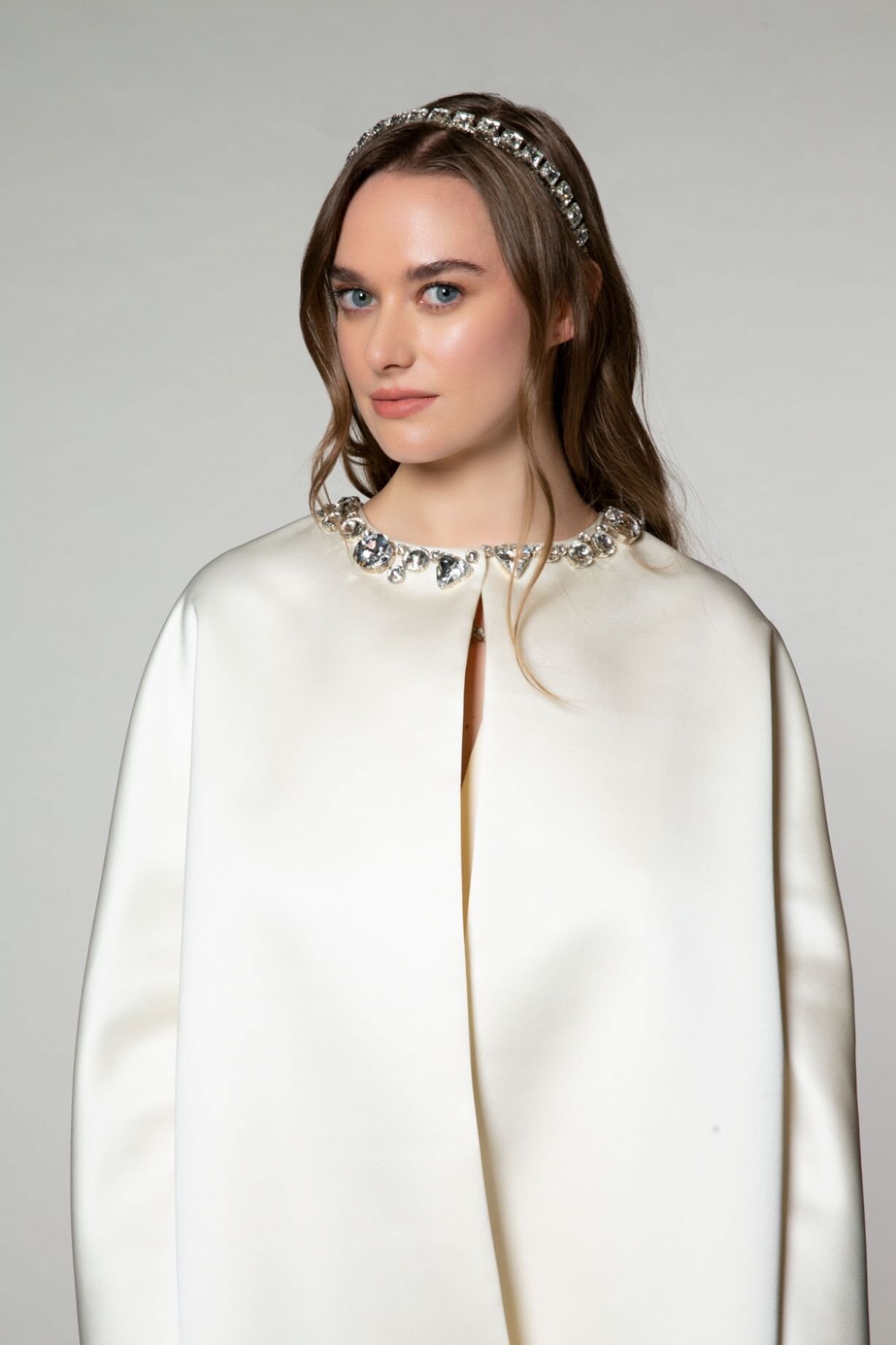 Long White Jacket With Stone Embroidered Collar