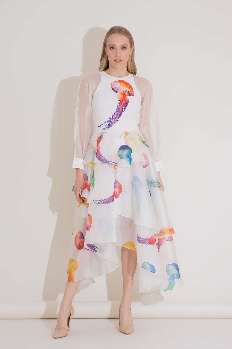  GIZIA - Jellyfish Printed 3 Ruffle Organza Ecru Dress