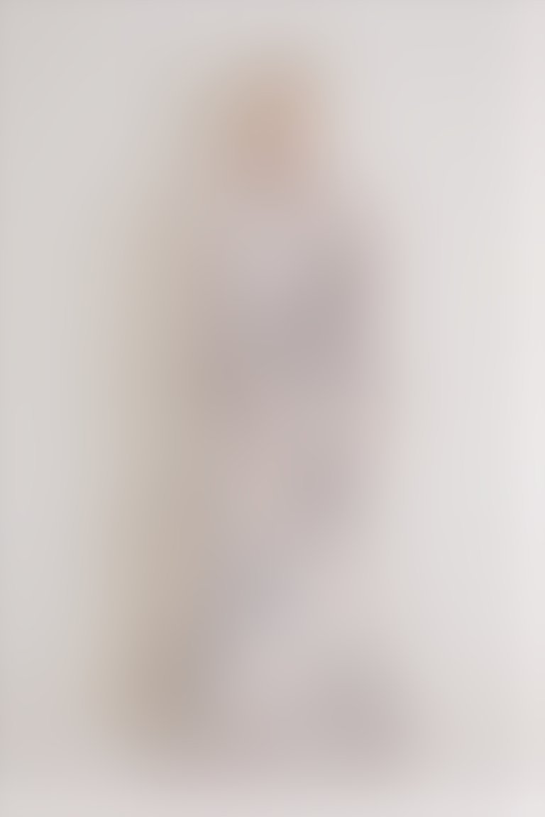 İşleme Ve Fırfır Detaylı Desenli Bej Uzun Şifon Abiye Elbise