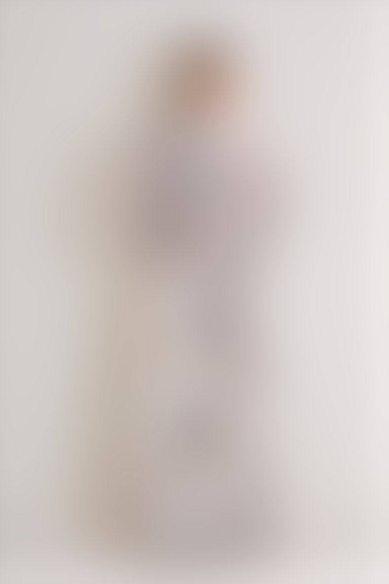 V Yaka Uzun Kollu Fırfır Detaylı Uzun Şifon Bej Abiye Elbise