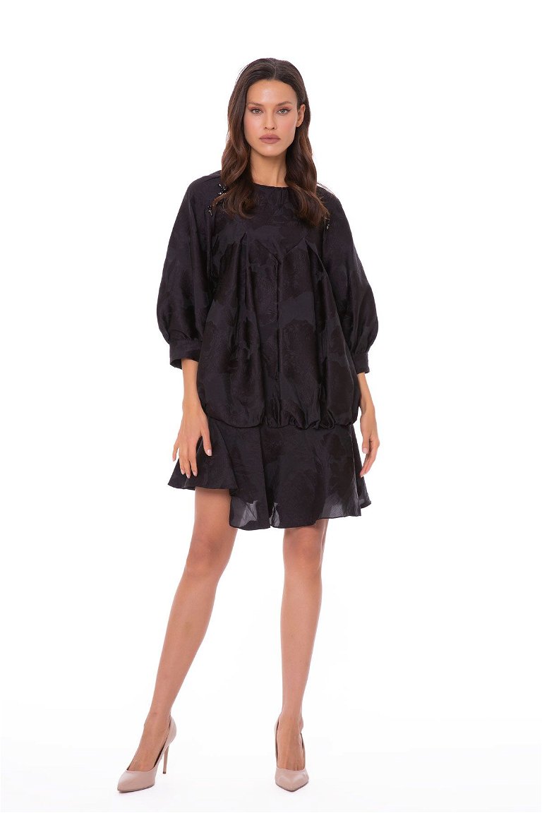  GIZIA - Yakadan İncili İşleme Detaylı Basenden Büzgülü Siyah Mini Elbise