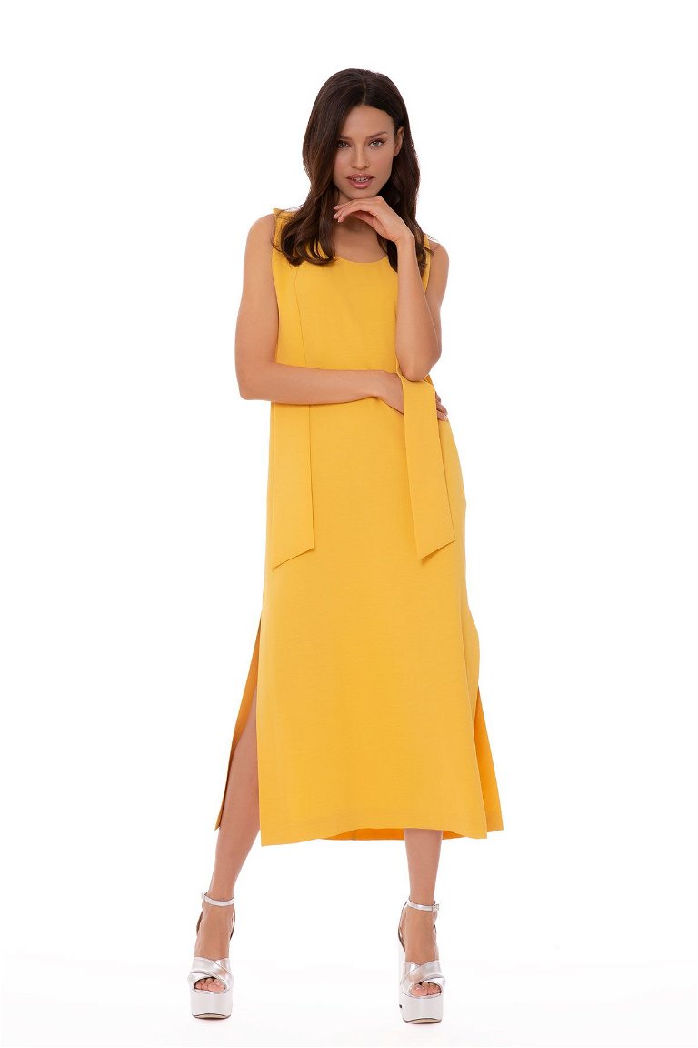  GIZIAGATE - Dilek Hanif Omuzdan Kuşak Detaylı Kolsuz Sarı Tasarım Elbise