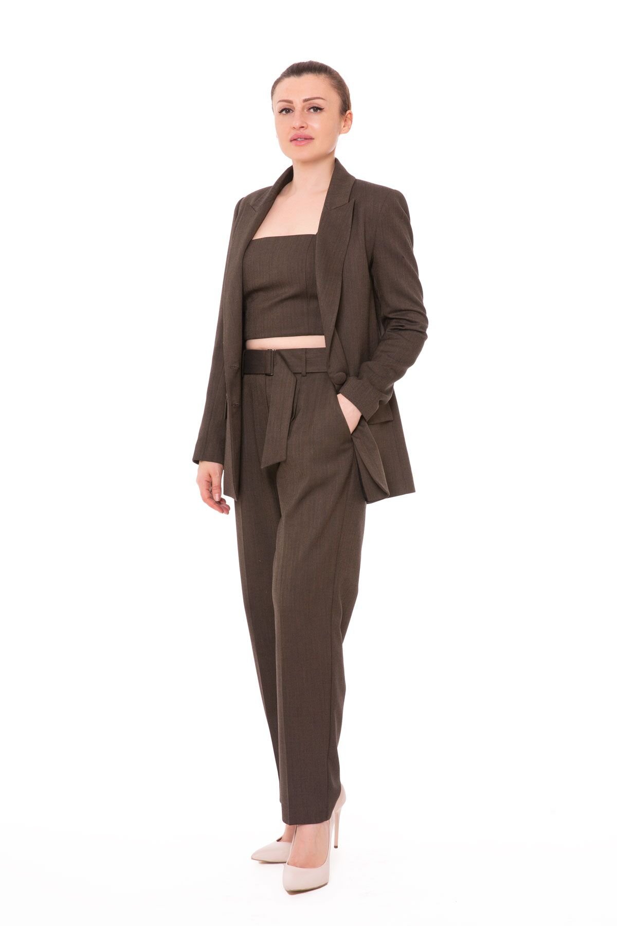 Top Bluzlu Üçlü Kahverengi Kadın Takım Elbise