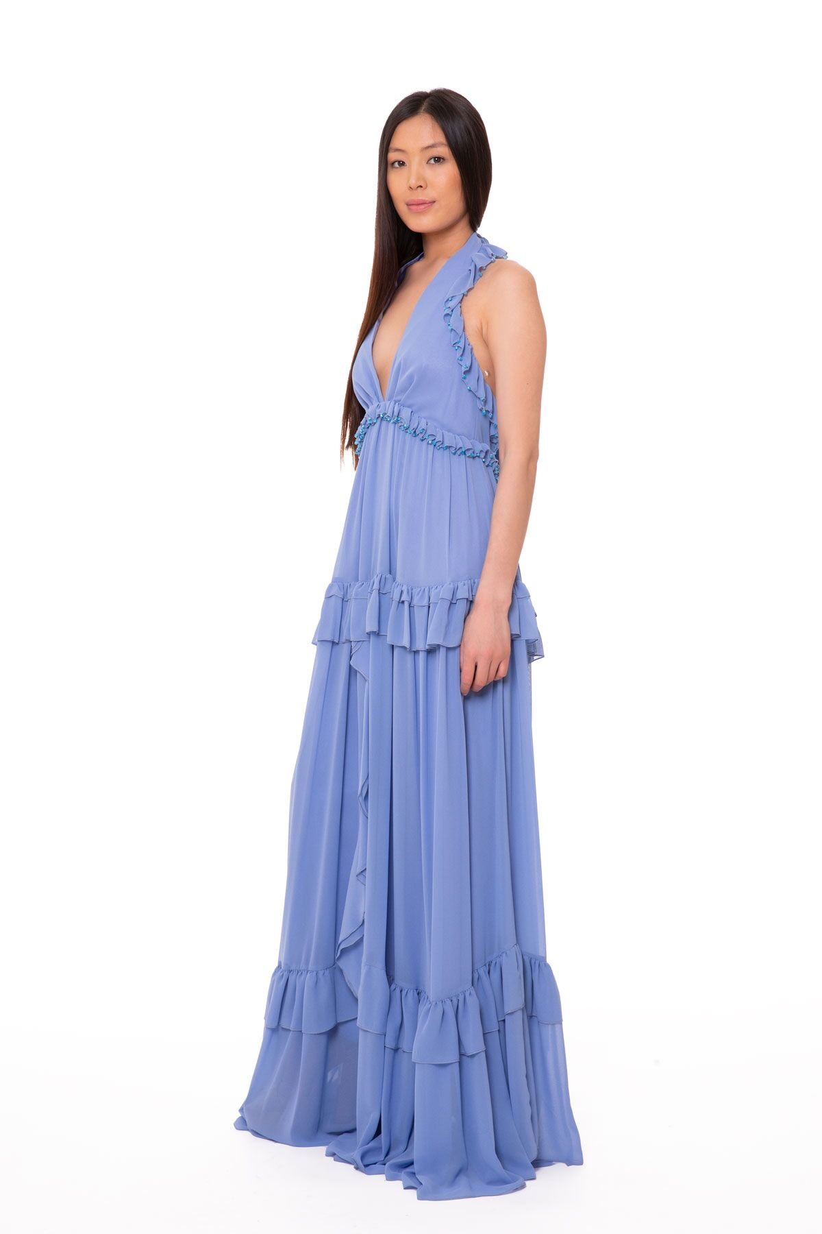 İşlemeli Fırfırlı Şifon Uzun Mavi Elbise