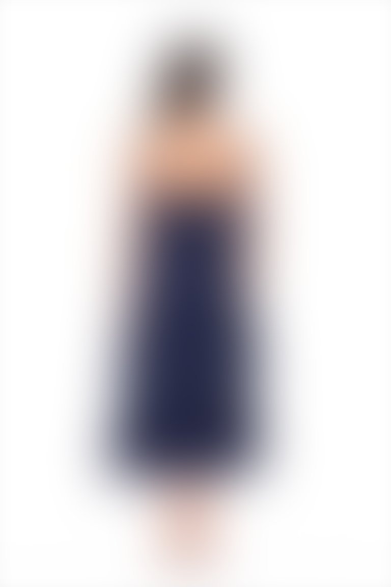 Pleat Detailed Midi Length Chiffon Navy Blue Dress