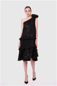  GIZIA - One Shoulder Embroidered Ruffle Lace Black Midi Dress