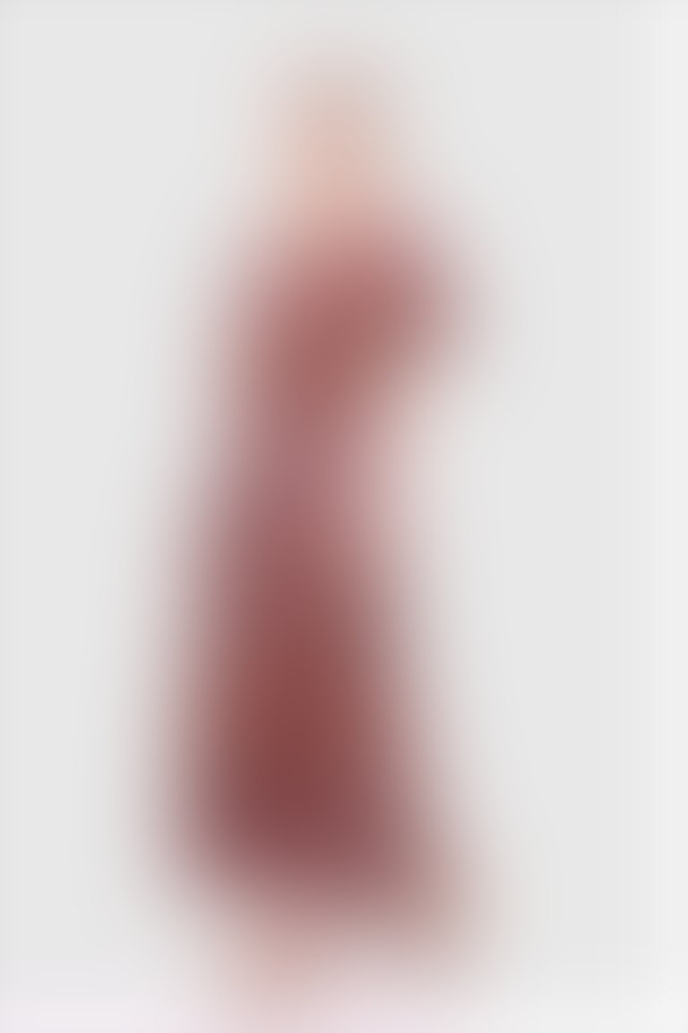 Kare Yaka Fırfır Ve Şerit Detaylı Uzun Ekose Turuncu-Pudra Elbise
