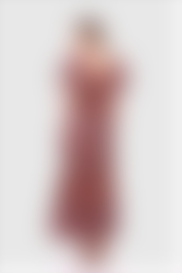 Kare Yaka Fırfır Ve Şerit Detaylı Uzun Ekose Turuncu-Pudra Elbise
