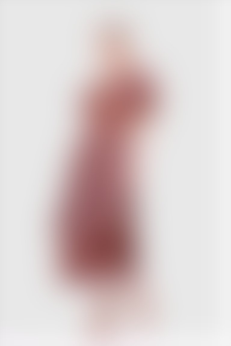 Şerit Detaylı Pli Kollu Mendil Etekli Uzun Turuncu-Pudra Elbise