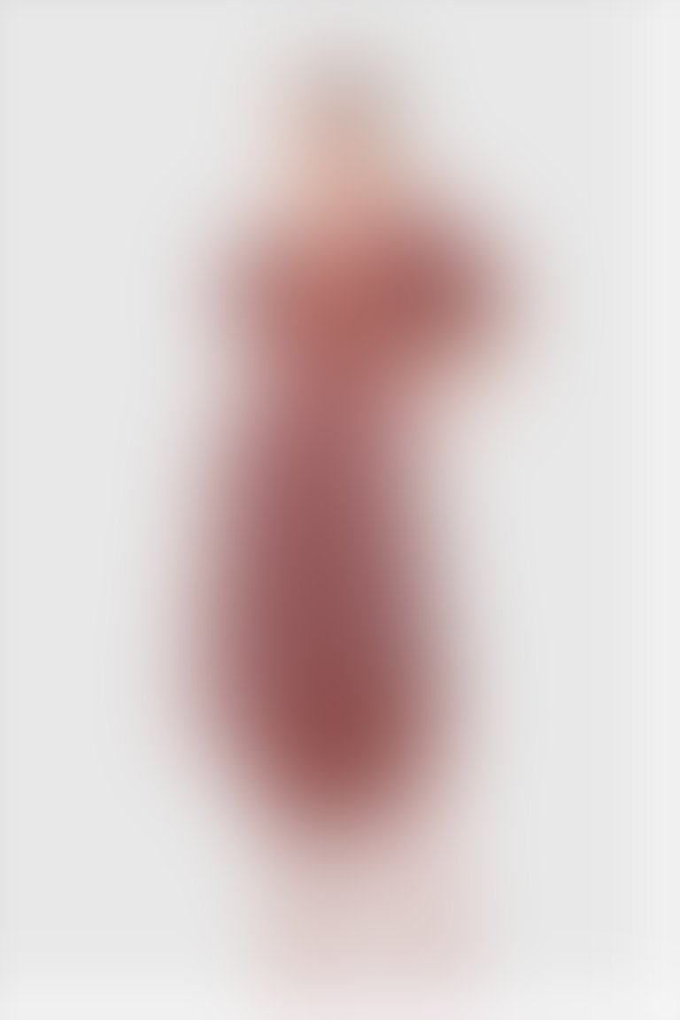 Şerit Detaylı Pli Kollu Mendil Etekli Uzun Turuncu-Pudra Elbise