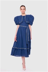 GIZIA - Ruffle Detailed Voluminous Sleeve Indigo Midi Dress 